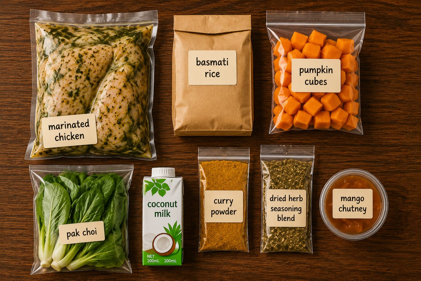 A typical Kitchen Ally meal kit laid out: marinated chicken, basmati rice, pumpkin cubes, pak choi, coconut milk, curry powder, dried herb blend and mango chutney
