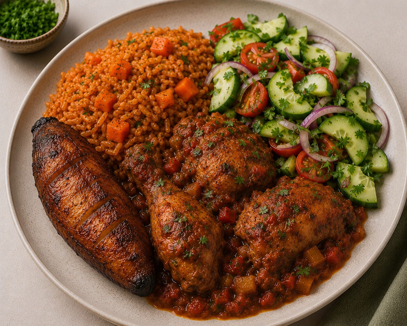 Stewed chicken with jollof rice and roasted plantain