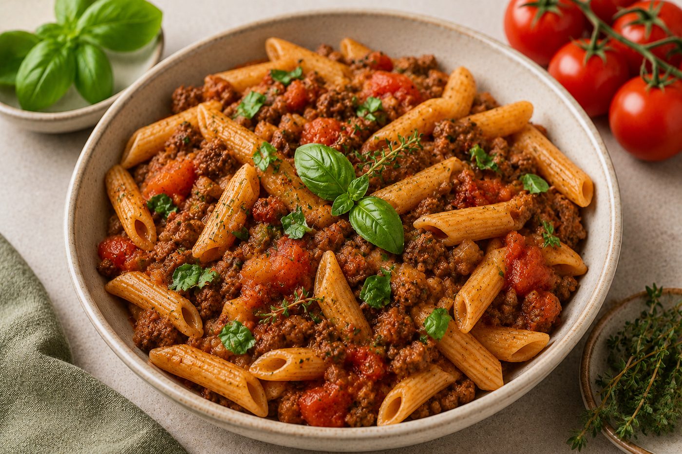 Stewed beef pasta with basil and fresh tomato